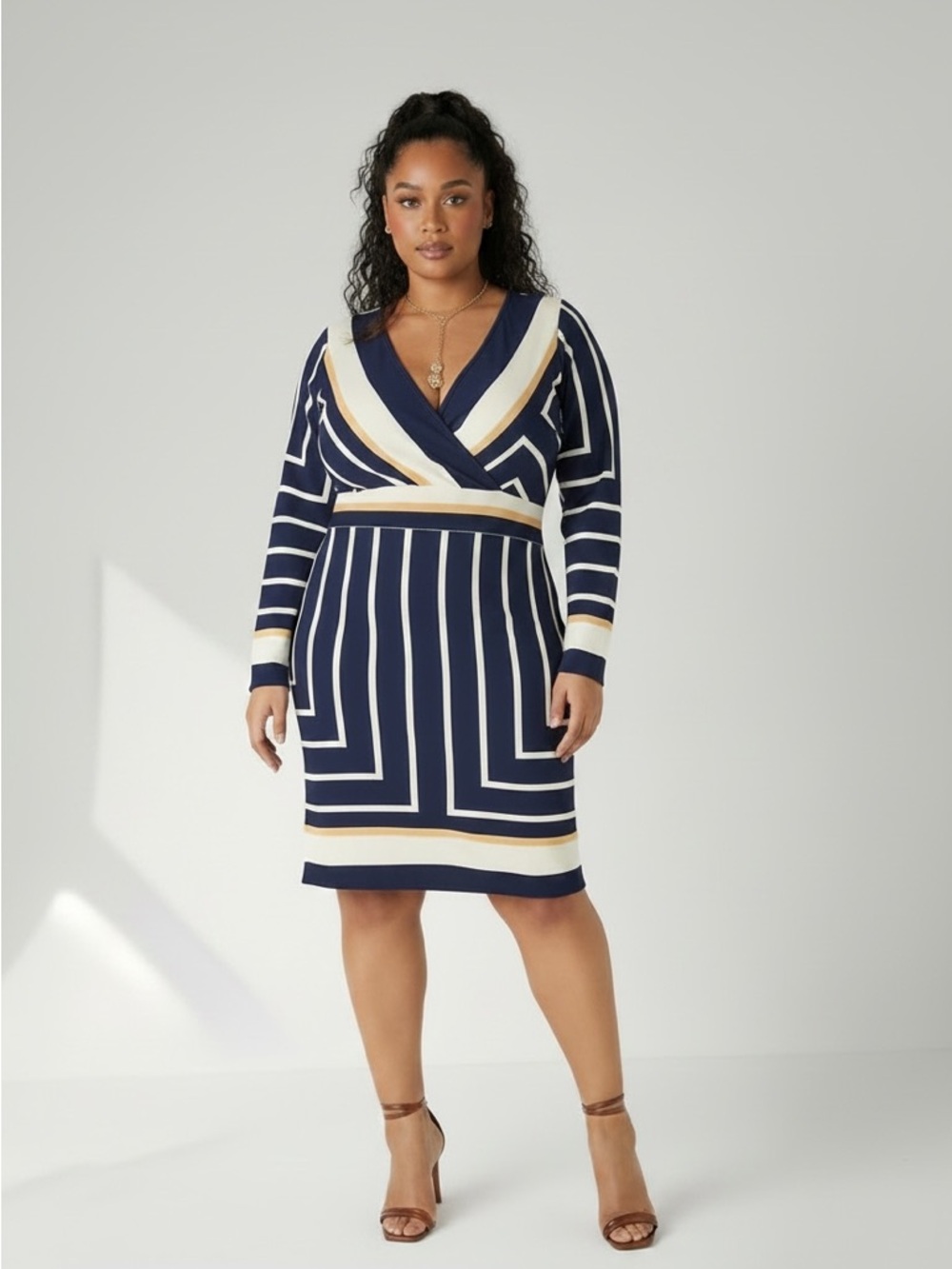 Plus Size Navy Stripe Wrap Dress with Cream & Gold Accents